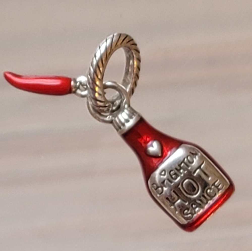 Pre-owned Brighton ABC Louisiana State Hot Sauce Bottle Enamel Charm with Pepper